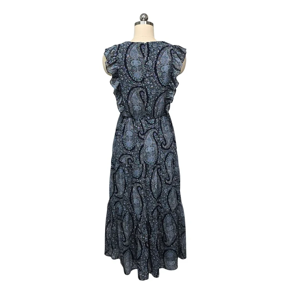 J. Crew Paisley Print Ruffle Sleeve Midi Dress Navy‎ Blue Women's Size 0